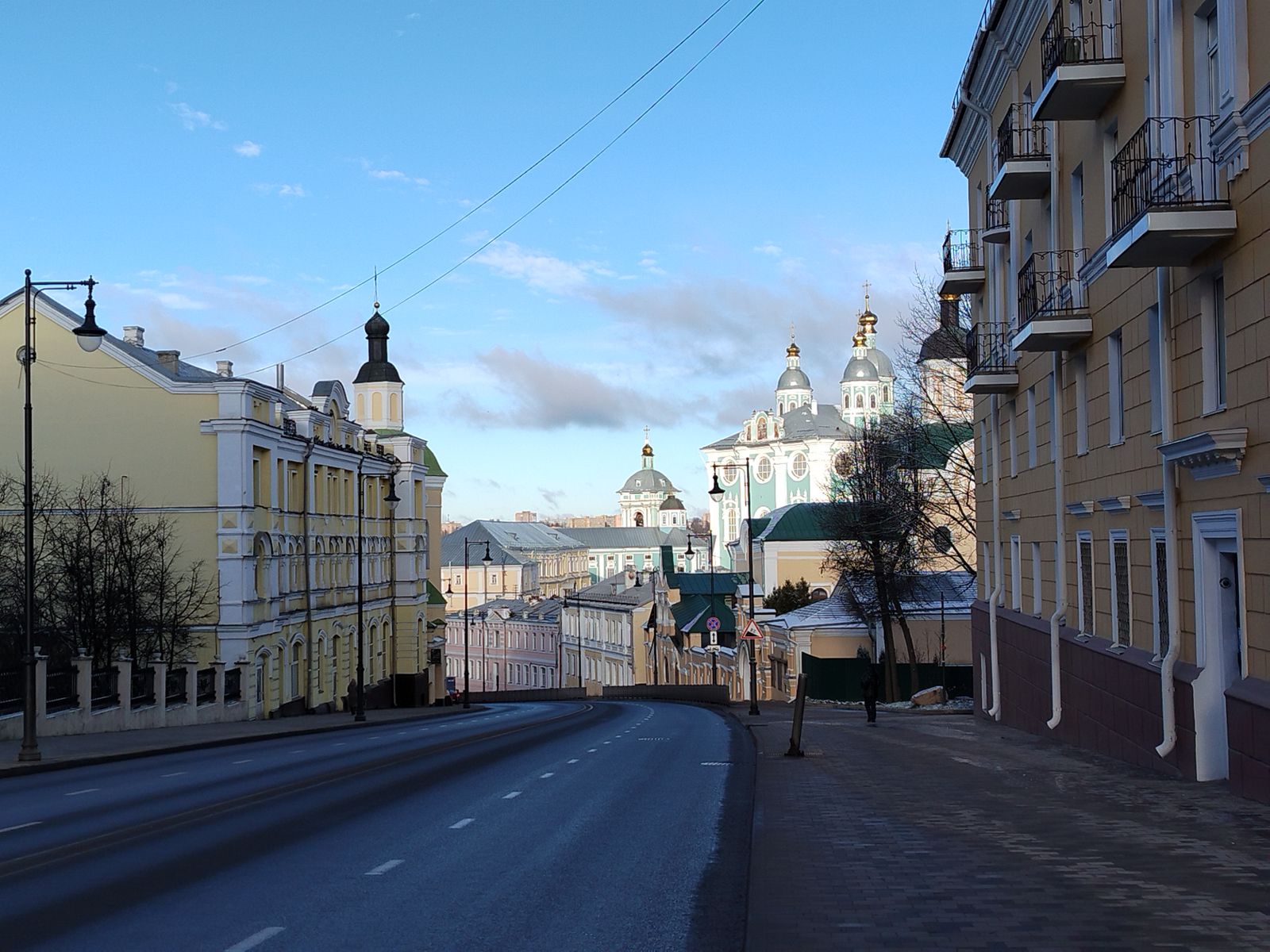 Улица Большая Советская. За жилой застройкой виднеется ансамбль Троицкого монастыря и далее - Соборного холма