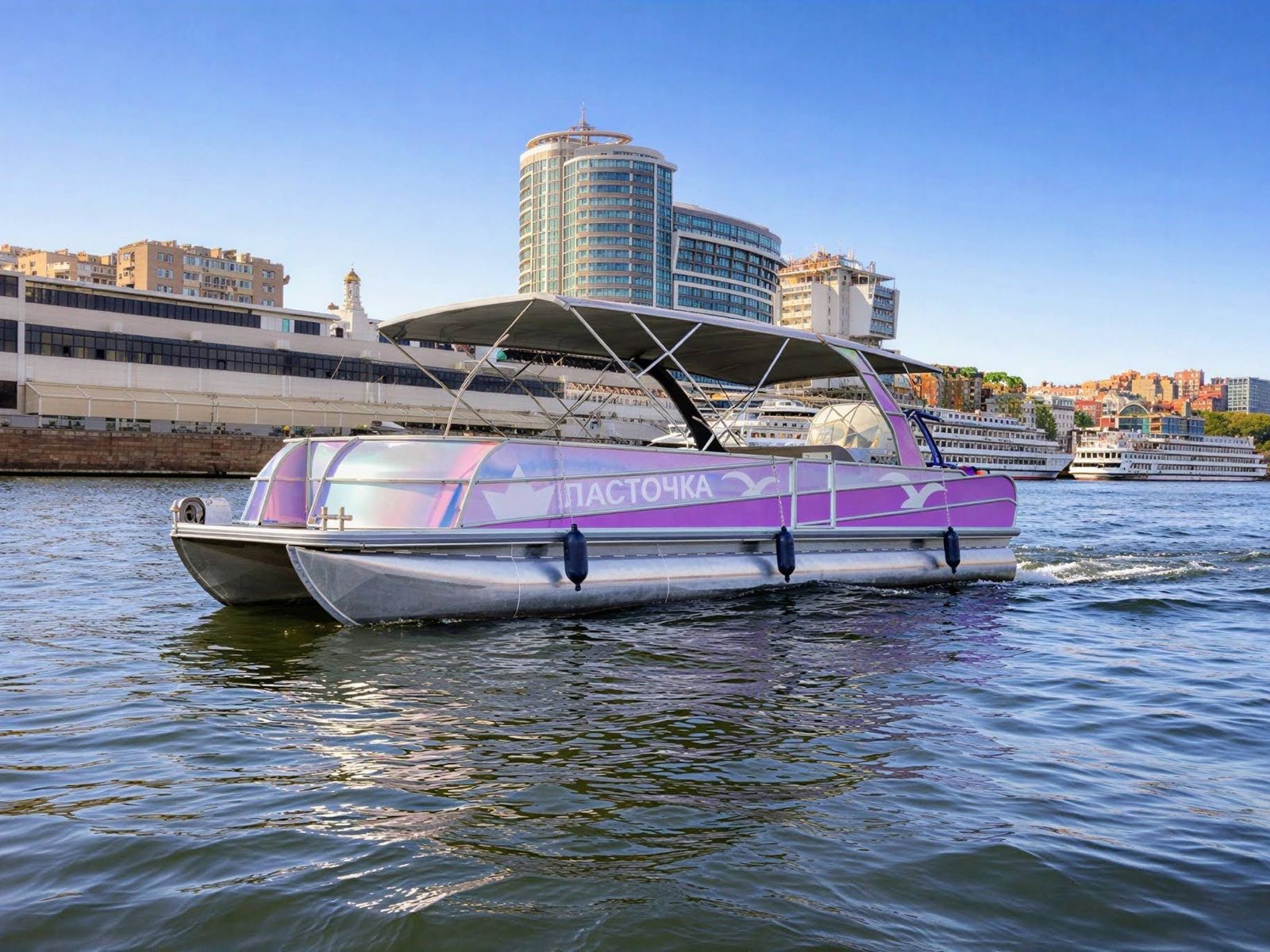 Катер «Ласточка» совершает речную прогулку по Дону на фоне современных высоток и набережной города Ростова-на-Дону 