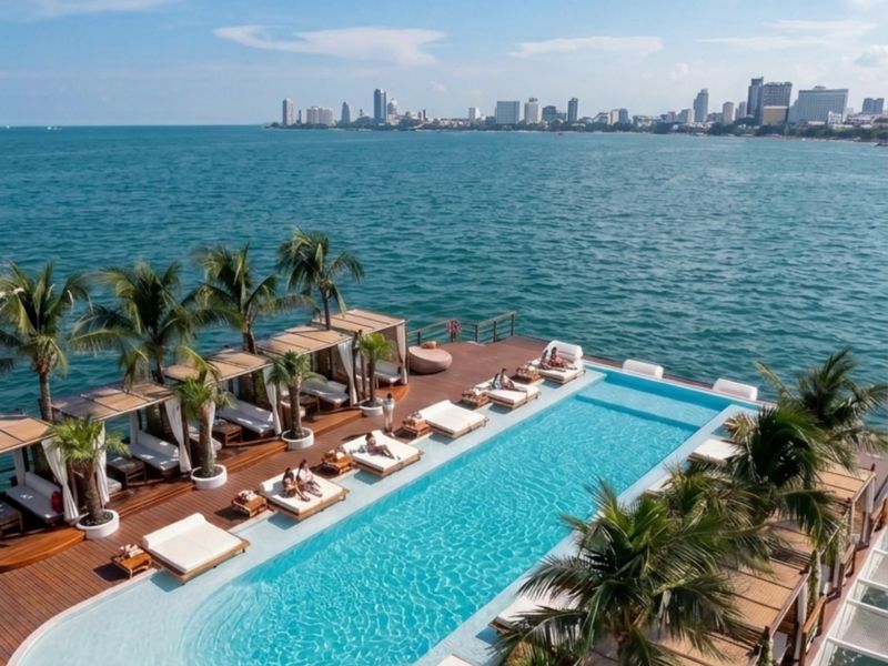 Отдых в плавучем пляжном клубе Sina Beach Club в Сиамском заливе - групповая экскурсия в Паттайе длительностью 8 часов с количеством участников более 20 человек цена экскурсии 81$